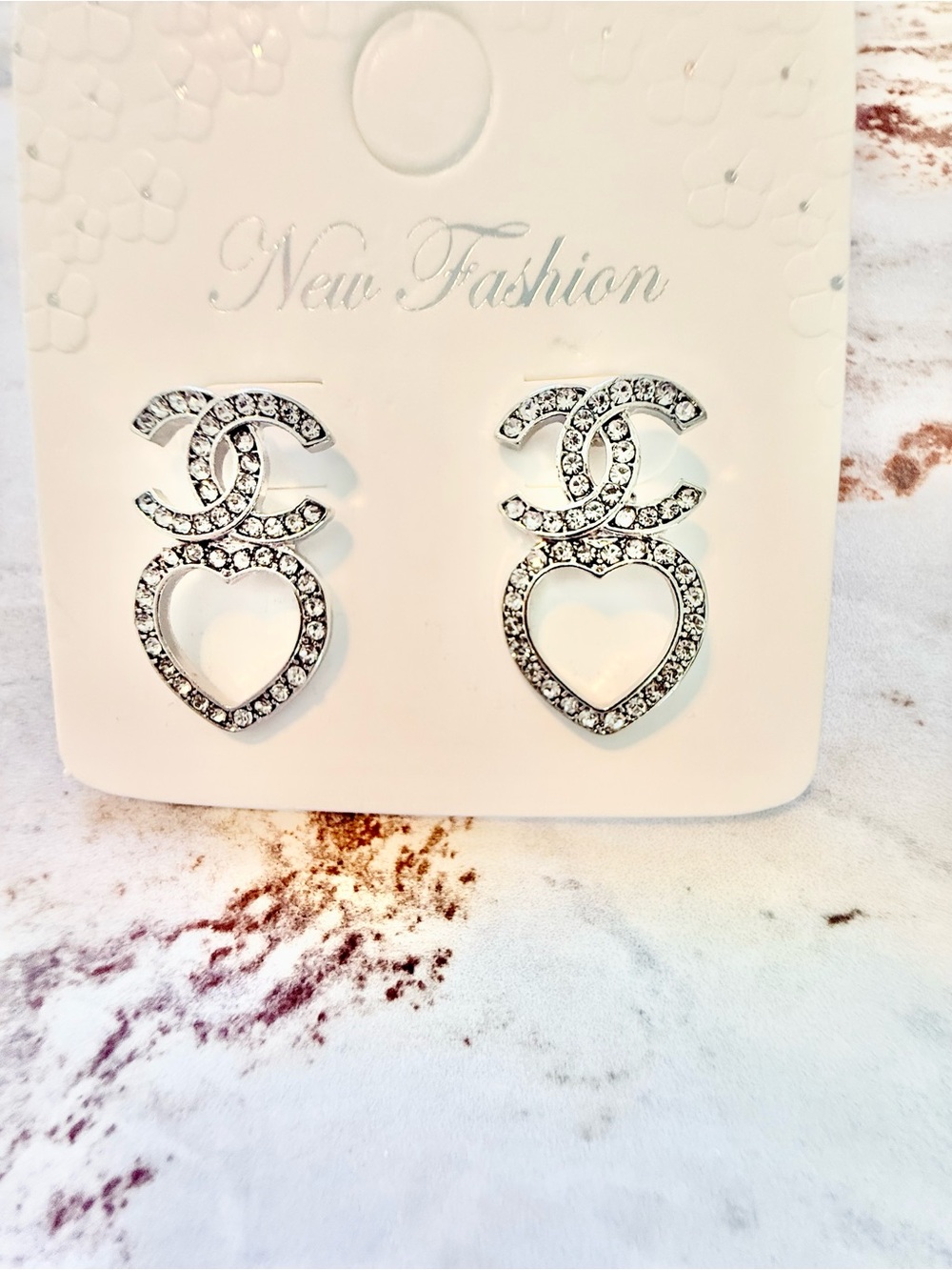 Silver Crystal Heart Drop Earrings with Interlocking Motif